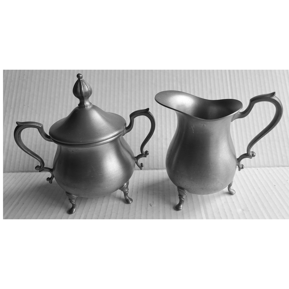Vintage Pewter Cream Sugar Set Lidded Bowl‎ Creamer Pitcher Footed Scroll Handle